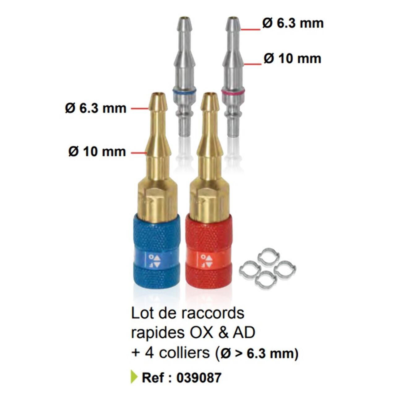 Lot de 2 raccords rapides OX & AD + 4 colliers Ø 6.3 mm - GYS - 039087
