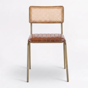 Lot de 2 chaises en cannage et cuir marron - Arsène