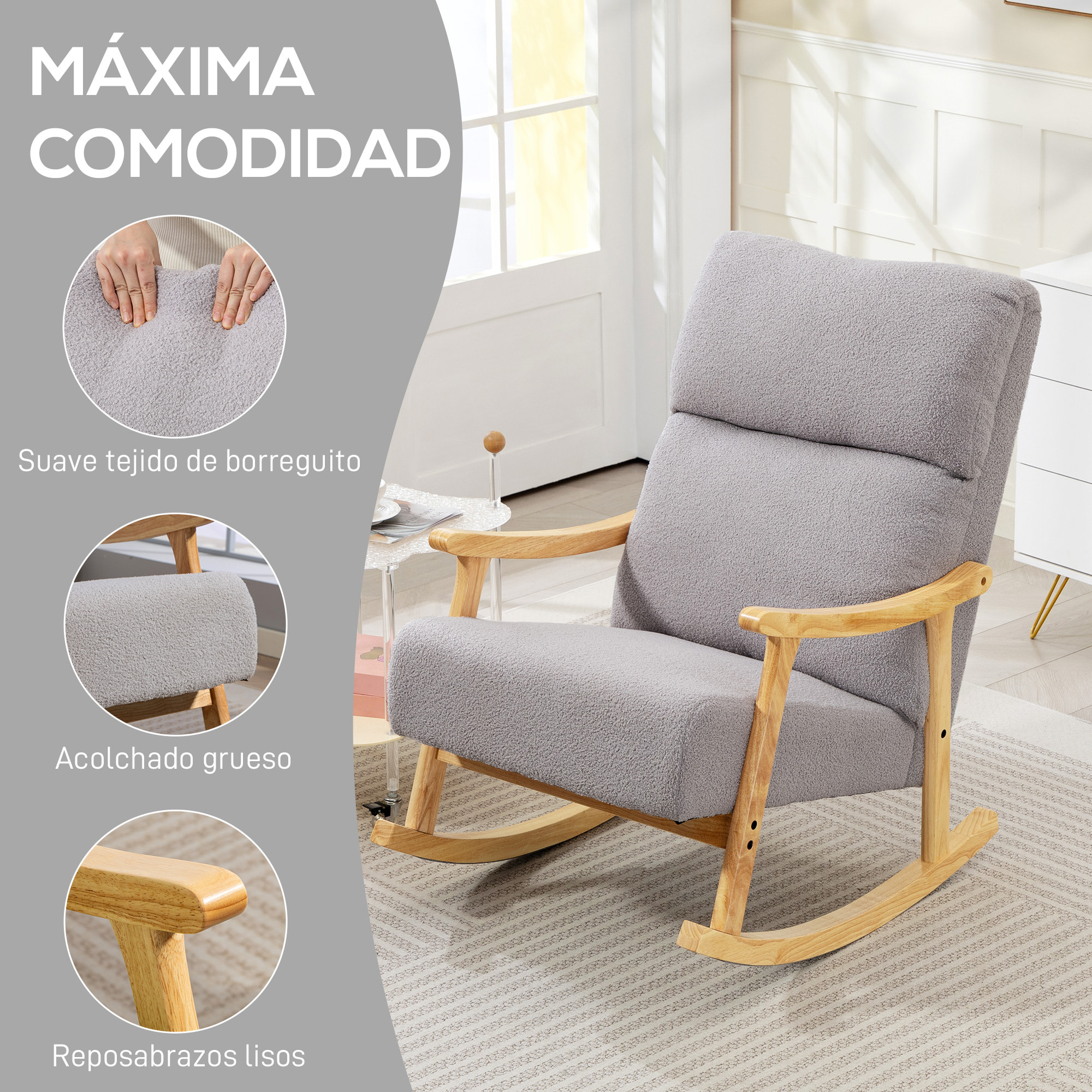Silla Mecedora de Borreguito Moderna, Mecedora con Patas y Reposabrazos de Madera de Caucho, Respaldo Alto, Sillón de Lactancia Carga 120 kg, para Dormitorio, Salón