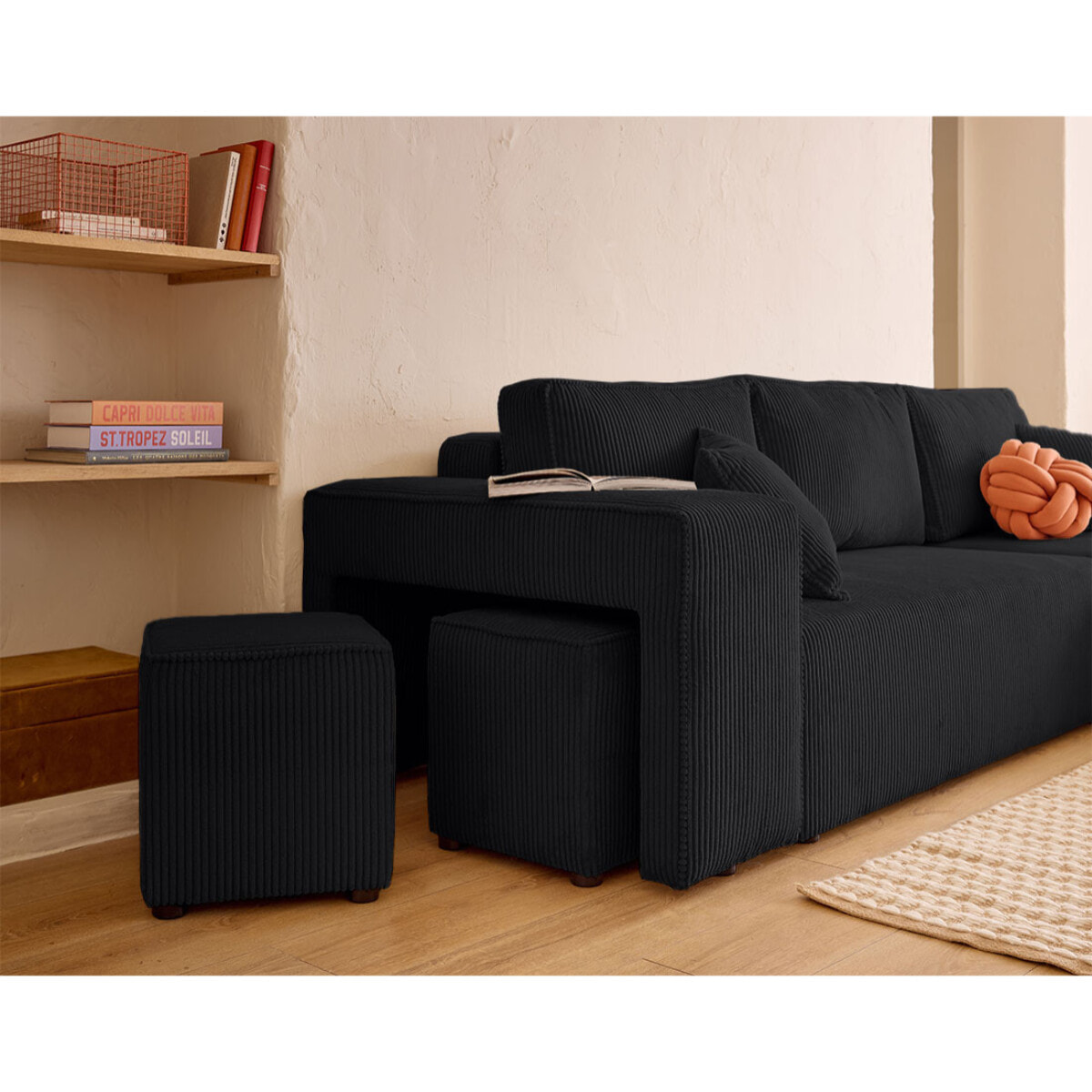 Topaze - canapé d'angle réversible 4 places - convertible avec coffre, tablette et poufs - en velours côtelé - Noir