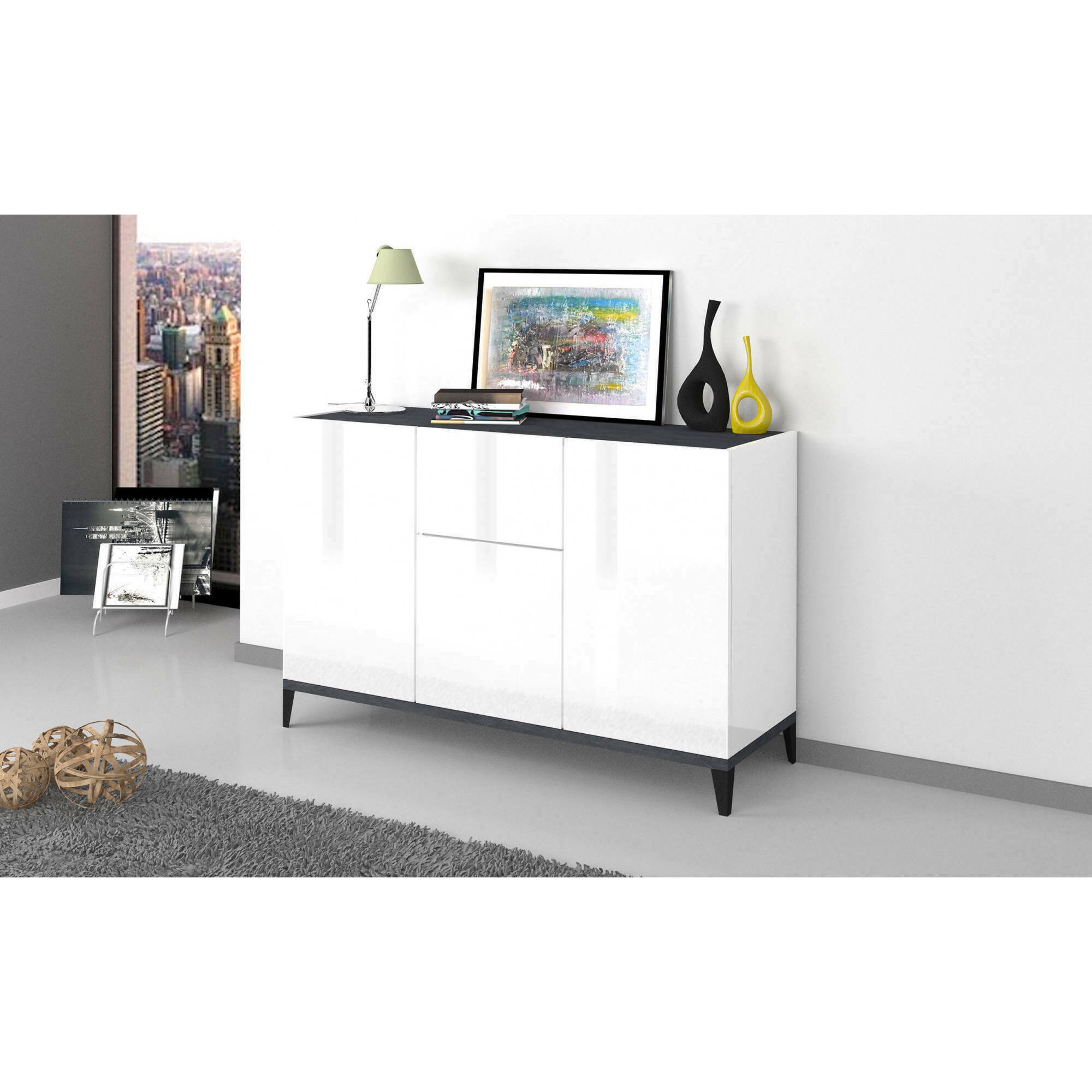 Credenza moderna a 3 ante e 1 cassetto, Made in Italy, Madia da cucina rialzata, Buffet di design da soggiorno, Cm 120x40h82, Bianco lucido e Ardesia