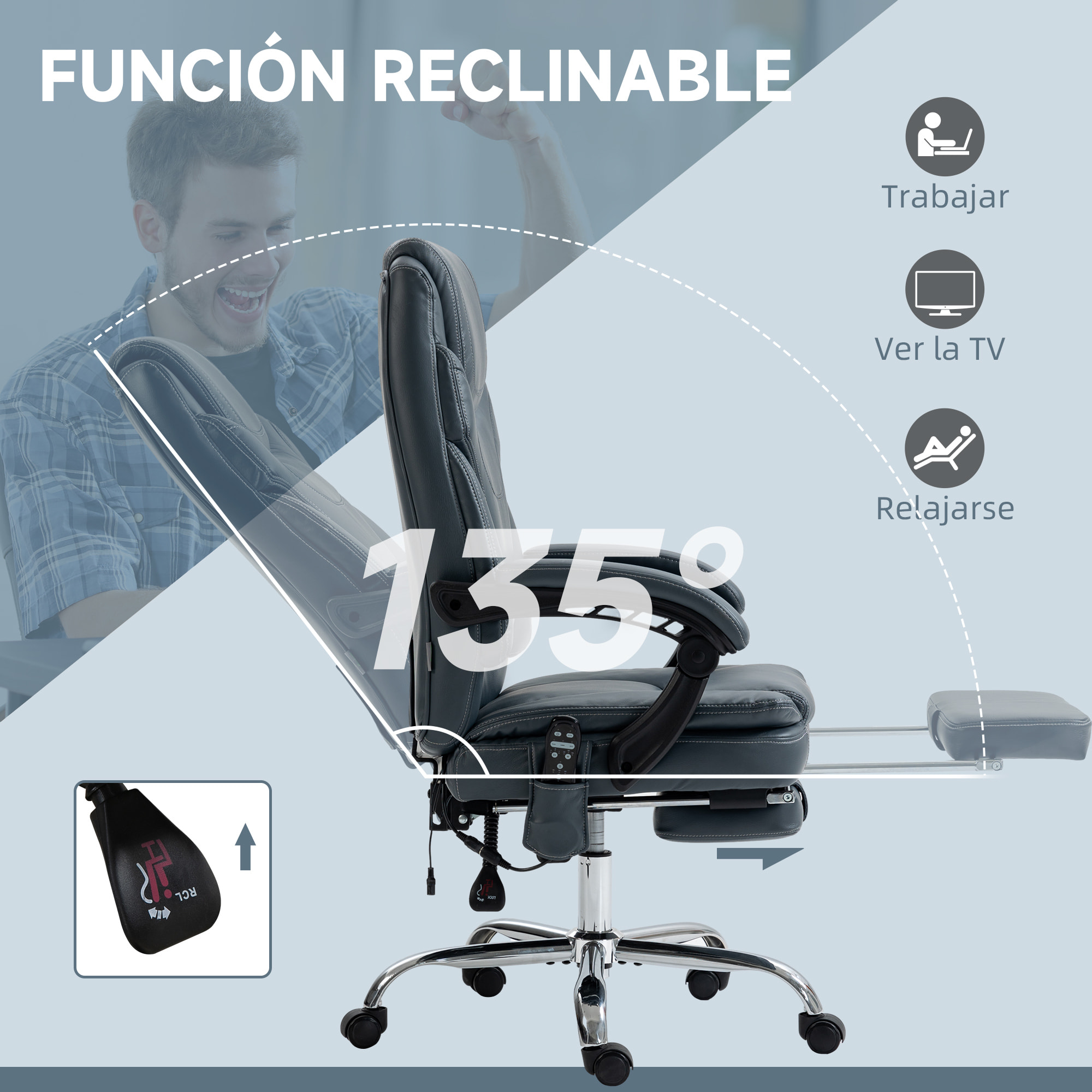 Vinsetto Silla de Masaje con 6 Puntos de Vibración y Calefacción Tapizado en Cuero PU Silla de Oficina Reclinable con Reposapiés y Altura Ajustable 67x67x113-121 cm Gris