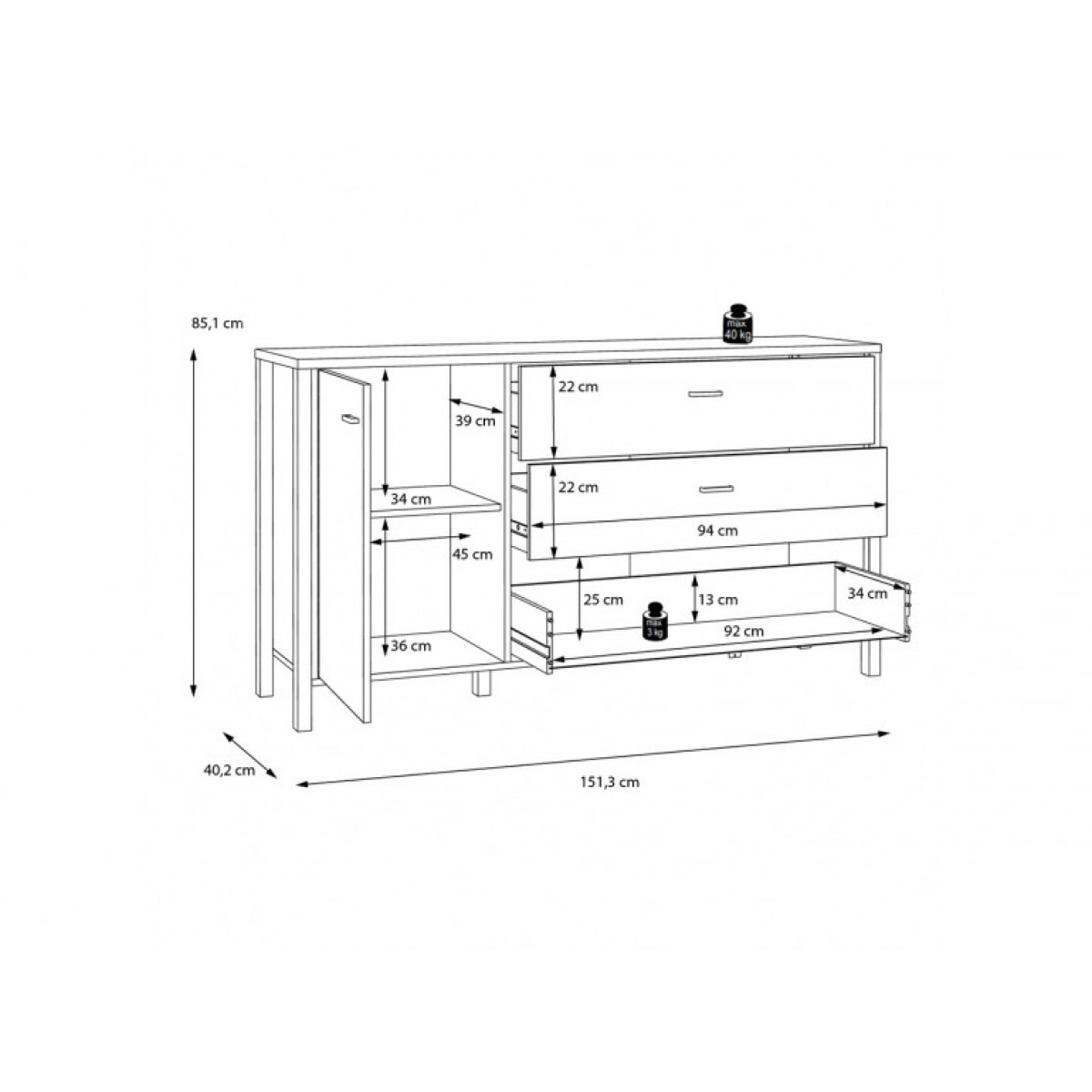 Buffet 3 tiroirs et 1 porte en bois effet chêne - MIAMI