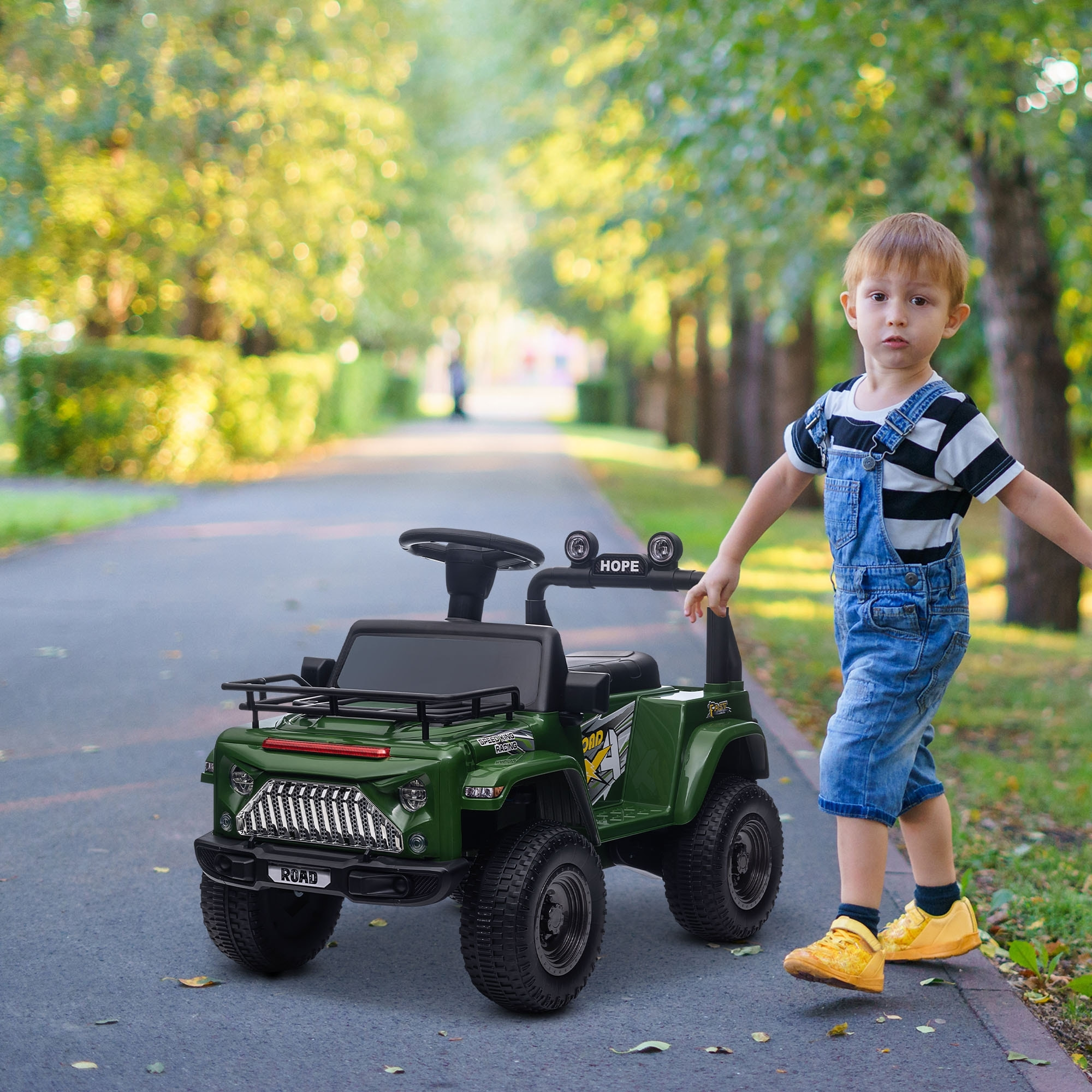 Voiture 4x4 électrique enfant 6V 25W 3 Km/h max. coffre galerie capot fonctions sonores lumineuses vert