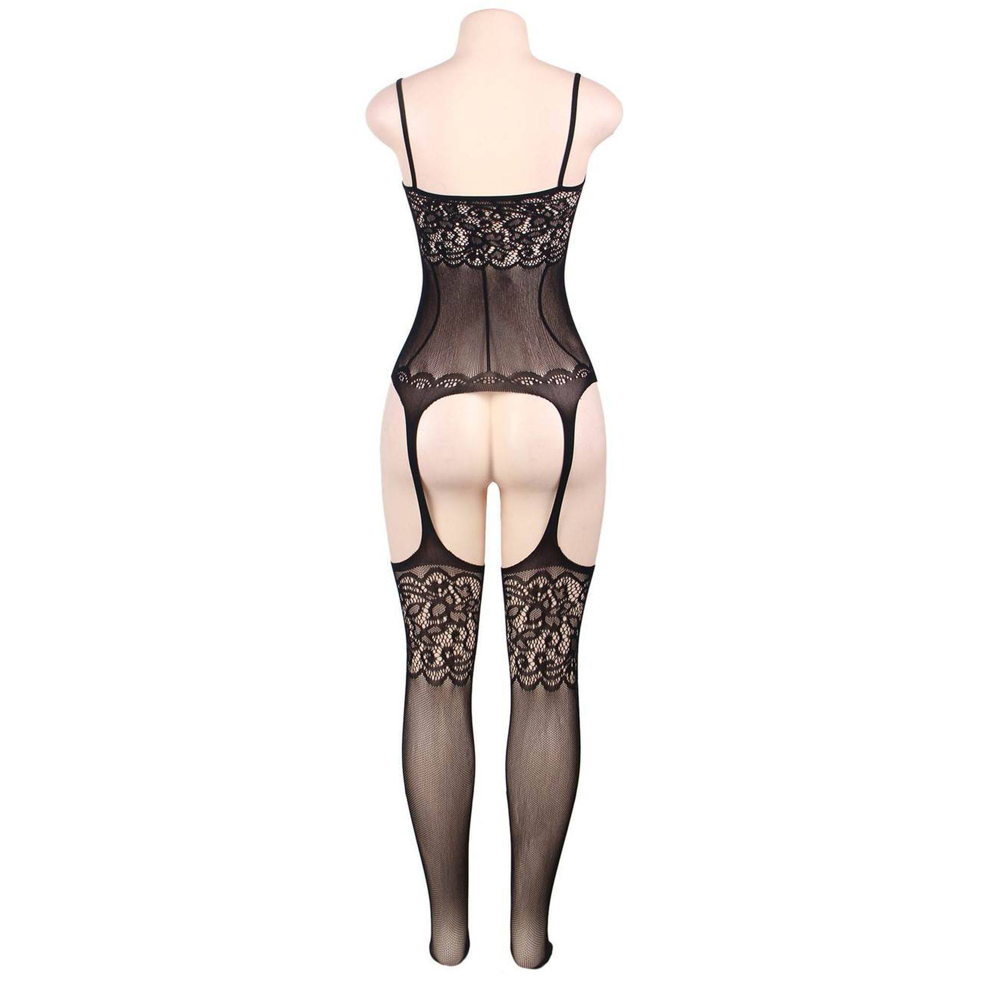 Bodystocking negro de encaje con diseño de liguero