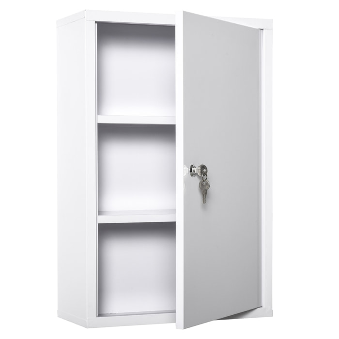 kleankin Armario Botiquín de Pared Botiquín de Emergencia de Metal con 3 Estantes de Almacenaje y Cerradura con 2 Llaves para Baño Cocina 40x18x60 cm Blanco