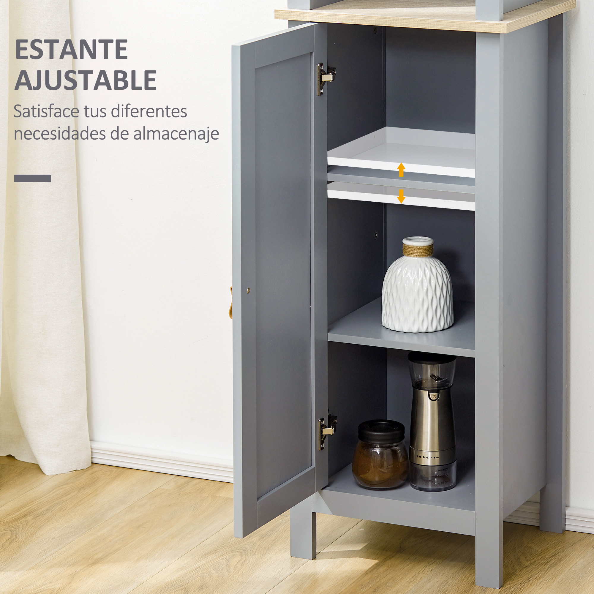 kleankin Armario Alto de Baño Mueble Columna Estrecho Moderno con 1 Puerta Estante Ajustable y 3 Compartimentos Abiertos 39x30x168 cm Gris
