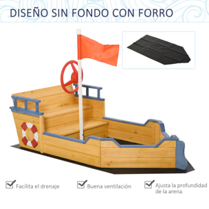 Arenero Infantil de Madera Diseño de Galeón con 2 Escalones Banco con Almacenaje Bandera y Timón Cajón de Arena de Jardín para Niños de +3 Años 158x78x45,5 cm Natural