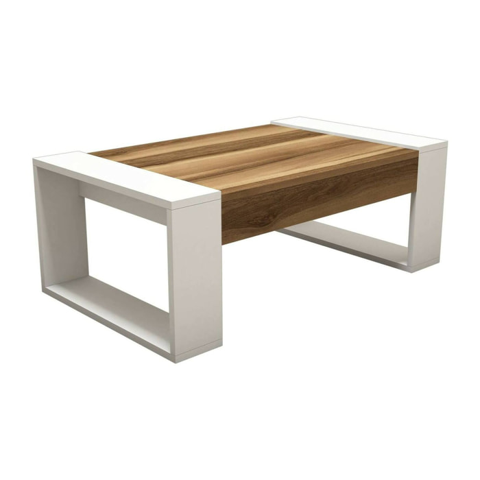 Tavolino da salotto Kaffa, Tavolo basso da caffè, Portariviste per divano, Ripiano da soggiorno, 102x60h38 cm, Noce e Bianco