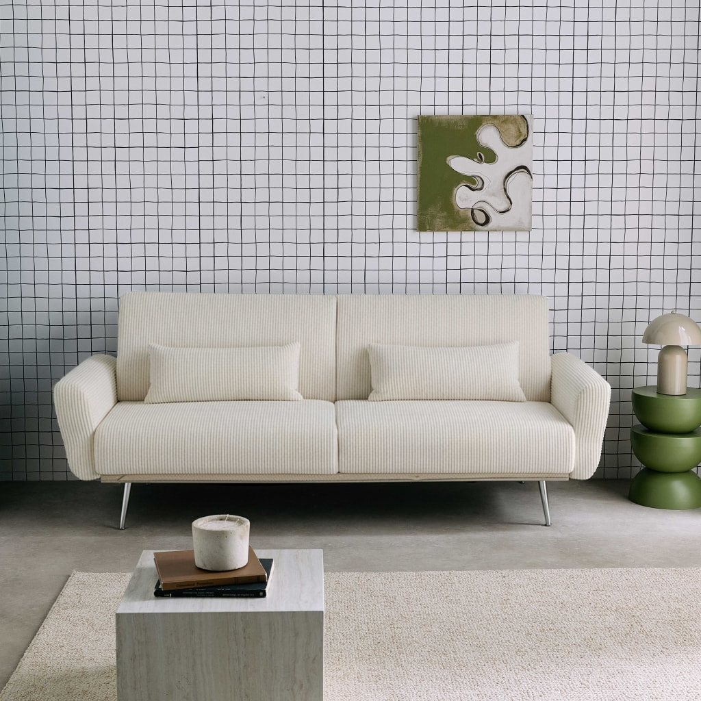 Canapé convertible design en velours côtelé blanc - Oskar - 3 places scandinave droit avec pieds métal chromé