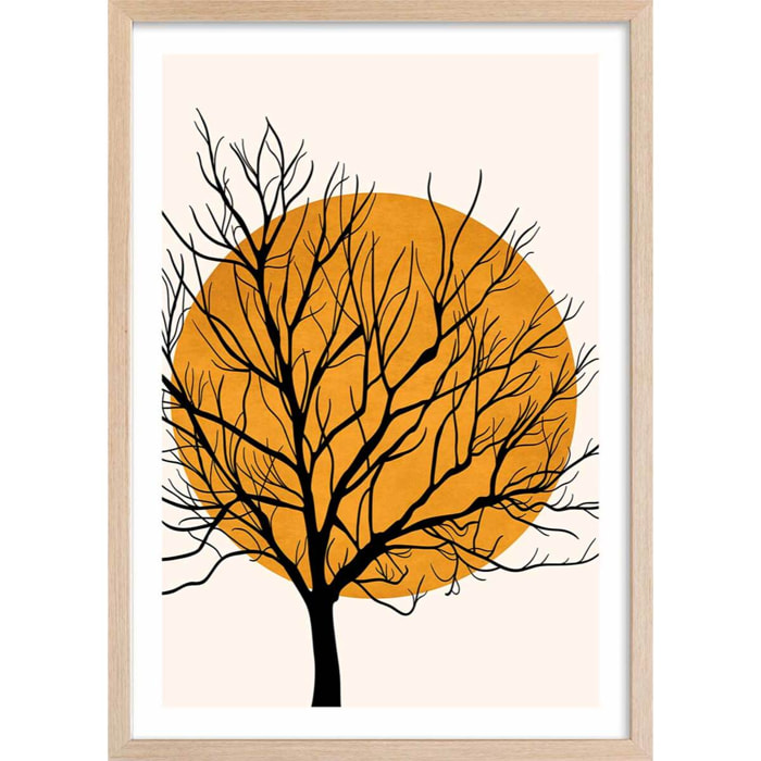 Affiche dessin ""soleil caché"" Affiche + cadre en bois - Chêne