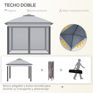 Carpa Plegable 3,3x3,3 m Pop-up, Cenador de Jardín con Altura Ajustable 3 Niveles, Doble Techo, 4 Mosquiteras Extraíbles y Bolsa Transporte, Impermeable, Anti-UV para Exterior, Gris