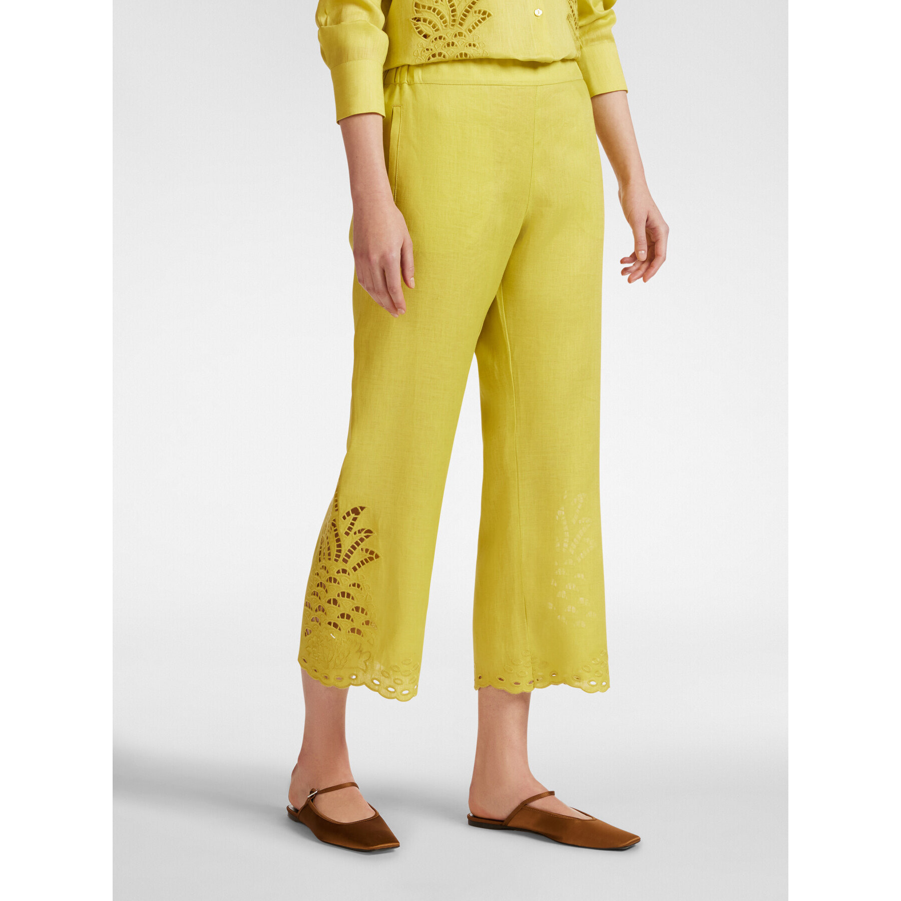 Elena Mirò - Pantaloni cropped ricamati in lino - Giallo