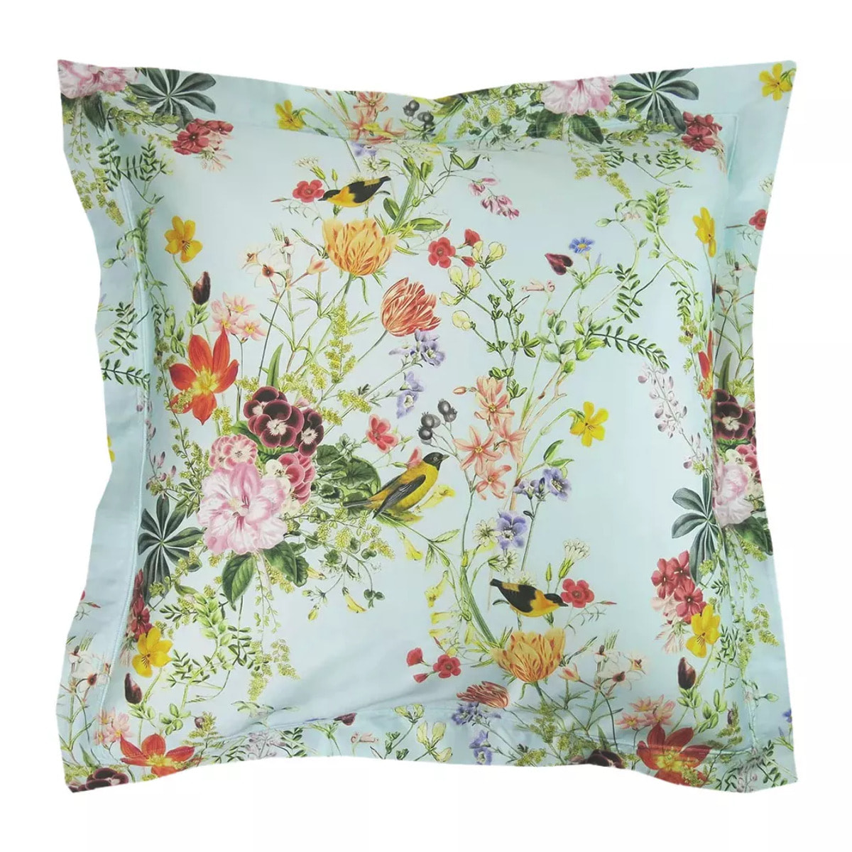 Taie d'oreiller satin de coton imprimé multicolore Primavera vert d'eau