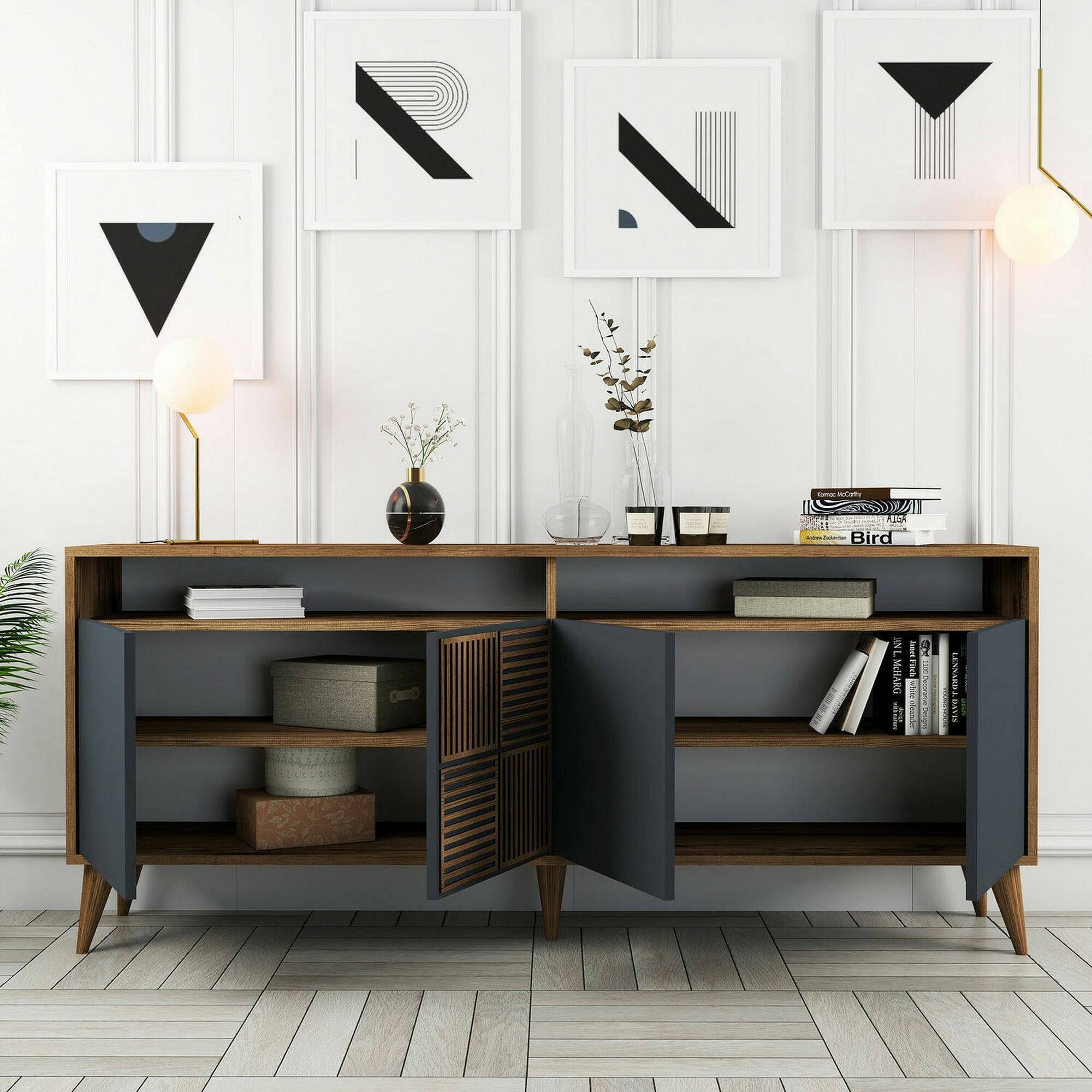Consolle Jole, Credenza da soggiorno, Armadio basso per TV, Base parete attrezzata, 180x35 h79 cm, Noce e Antracite