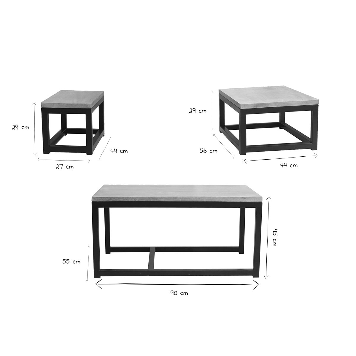 Tables basses gigognes bois manguier massif et métal noir (lot de 3) FACTORY