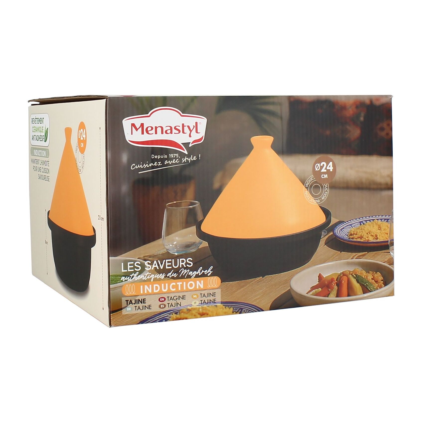 Tajine d24cm fond alu induction couvercle en céramique safran