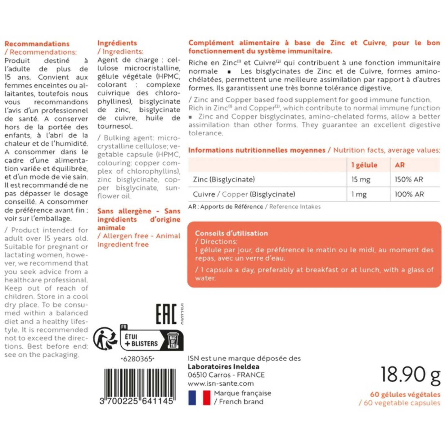 ISN - Suplezinc - Complément alimentaire avec Bisglycinates de Zinc et de Cuivre - Soutient le fonctionnement immunitaire et offre une action antioxydante - Cure de 2 mois