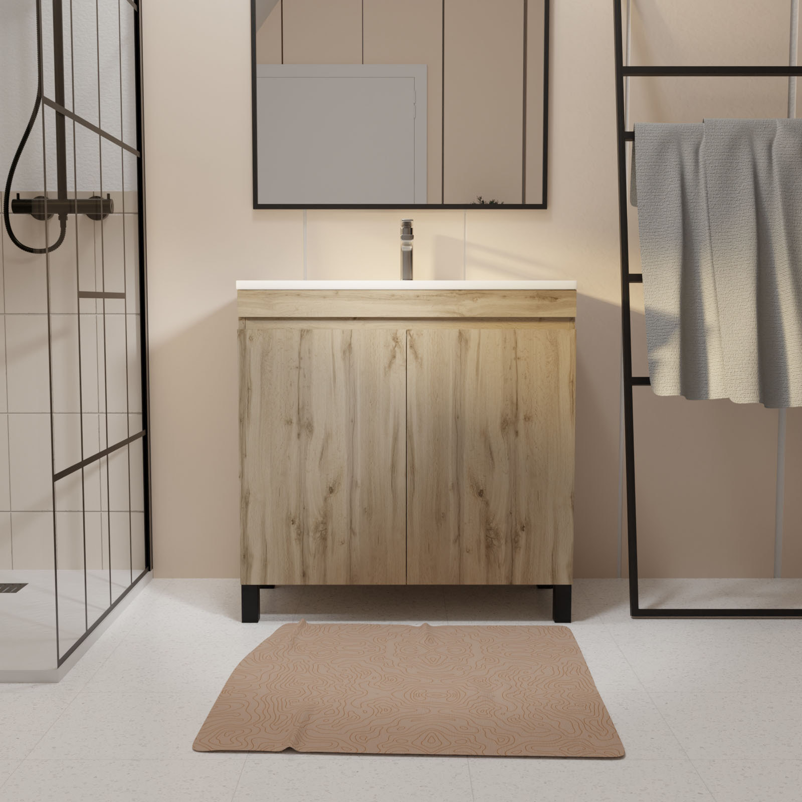 Meuble de salle de bains 80cm 2 Portes_Chêne Naturel + Vasque céramique blanche - TIMBER 80