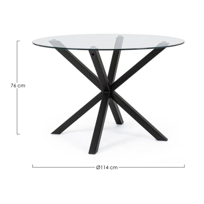 Tavolo rotondo MAY in vetro, gamba incrociata acciaio nero d114 cm