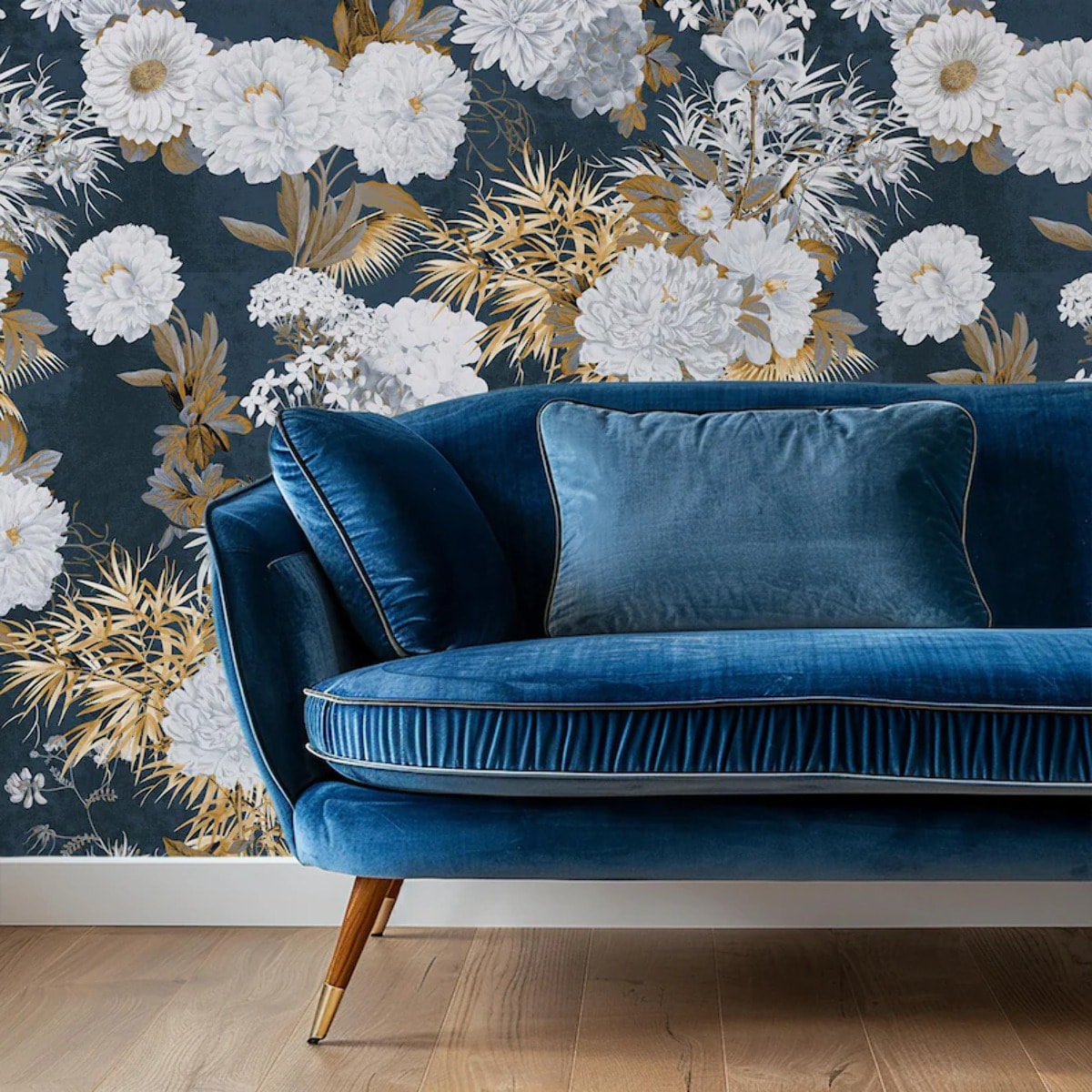 Carta da Parati Floreale Blu e Oro