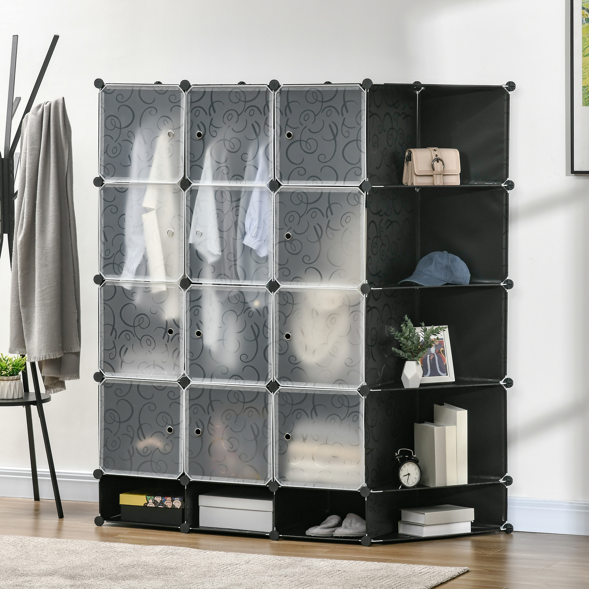 HOMCOM Armario Modular de Plástico Armario Portátil con 16 Cubos y 2 Barras Organizador de Zapatos Ropas Juguetes para Entrada Pasillo Dormitorio 145x46x162 cm Negro y Blanco