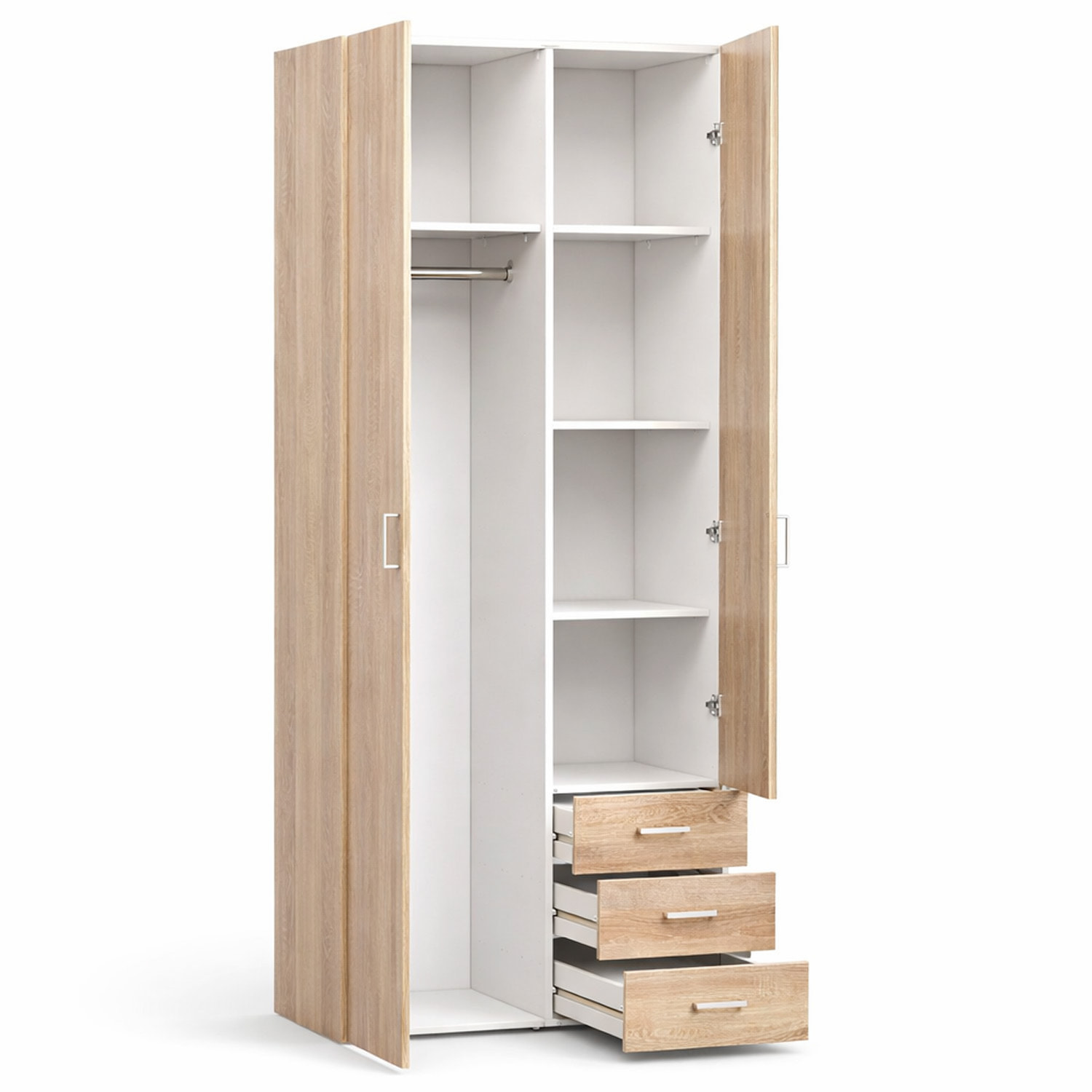 Armadio Mobile Multiuso 2 Ante 3 Cassetti Camera Da Letto Cameretta Appendiabiti E Ripiani Interni Moderno Salvaspazio 200.4 x 77.6 x 49.5 Cm Rovere