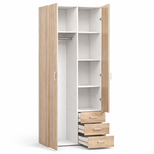 Armadio Mobile Multiuso 2 Ante 3 Cassetti Camera Da Letto Cameretta Appendiabiti E Ripiani Interni Moderno Salvaspazio 200.4 x 77.6 x 49.5 Cm Rovere