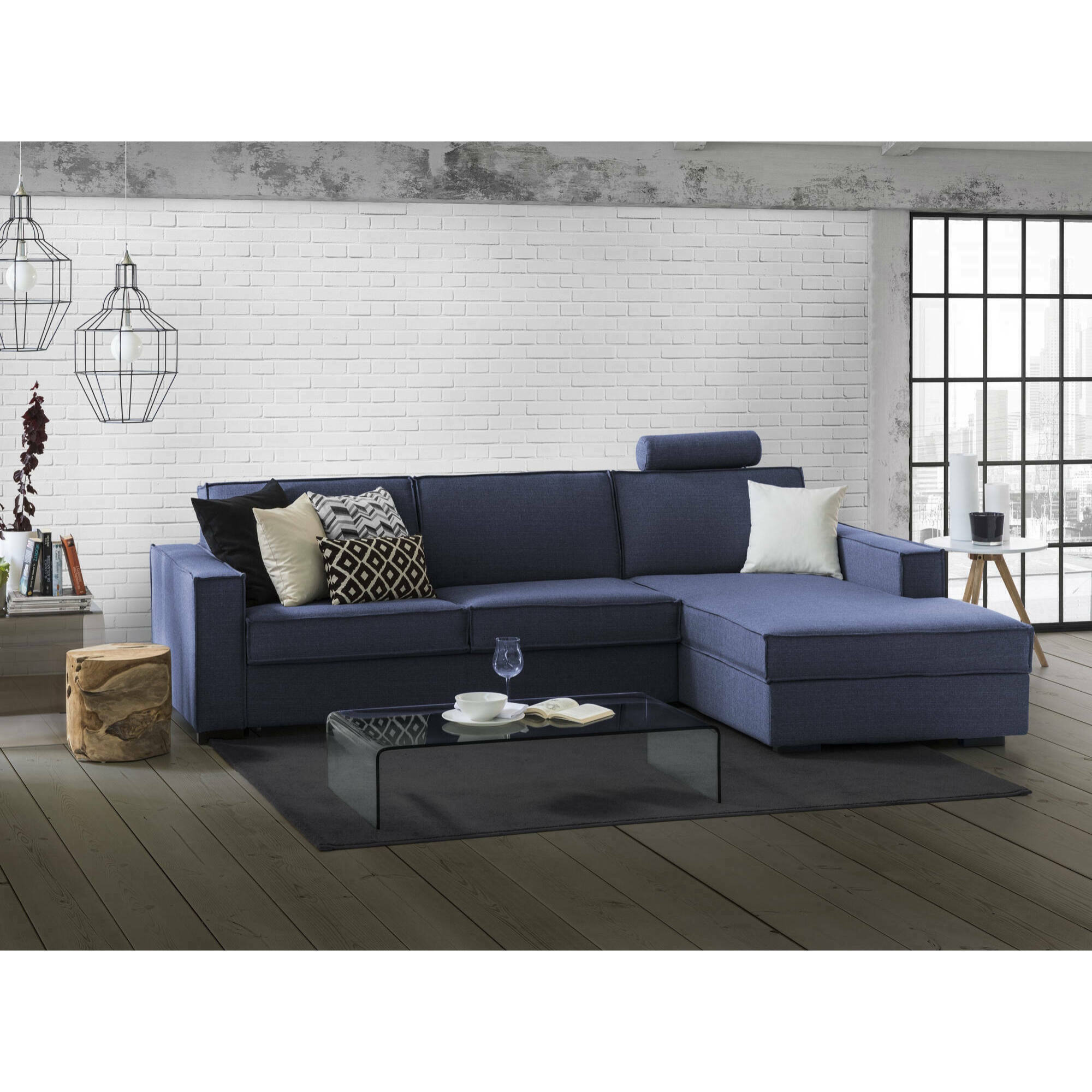 Divano letto con penisola Afar, Sofà con apertura girevole, Penisola contenitore Destra, Braccioli slim, 100% Made in Italy, Cm 260x95h90, Blu