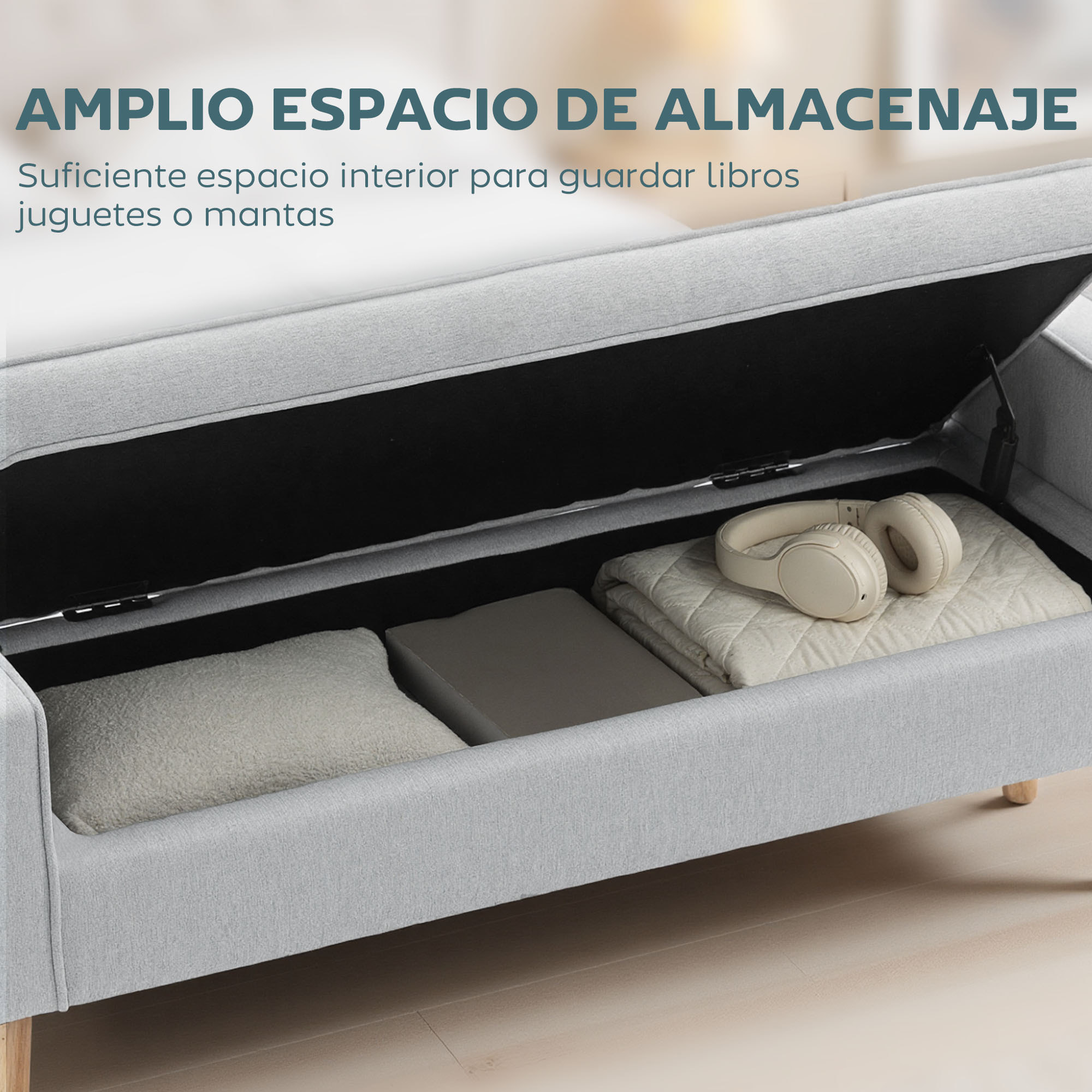 Puff Almacenaje Banco Almacenaje Tapizado en Lino Sintético con Tapa Abatible y Patas de Madera para Dormitorio Salón Entrada Carga 120 kg 120x45x54 cm Gris Claro