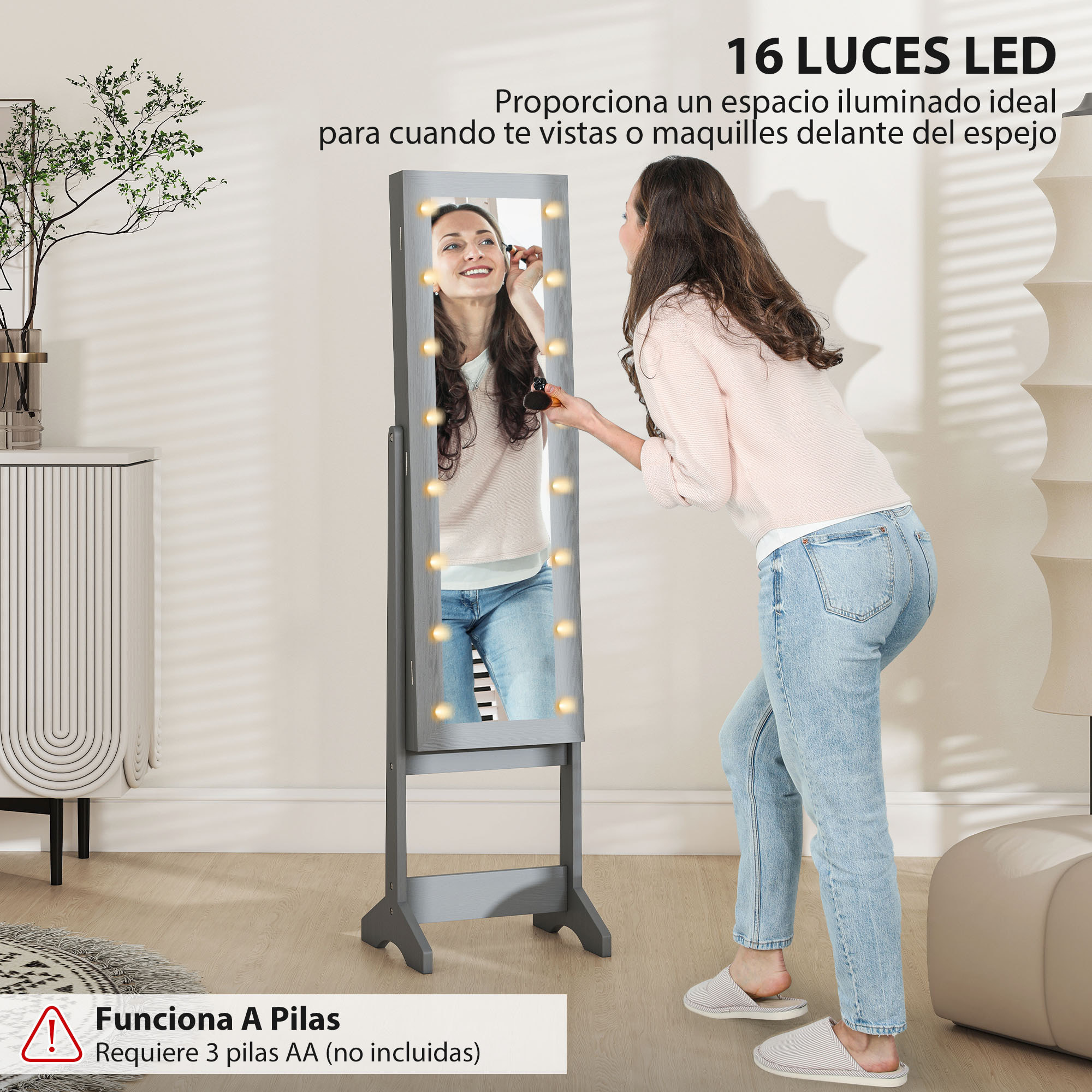 Espejo Joyero con Luces LED, Armario para Joyas, Armario Joyero de Pie con Espejo Entero, Ángulo Ajustable, con Estantes, Ranuras para Anillos, Gris
