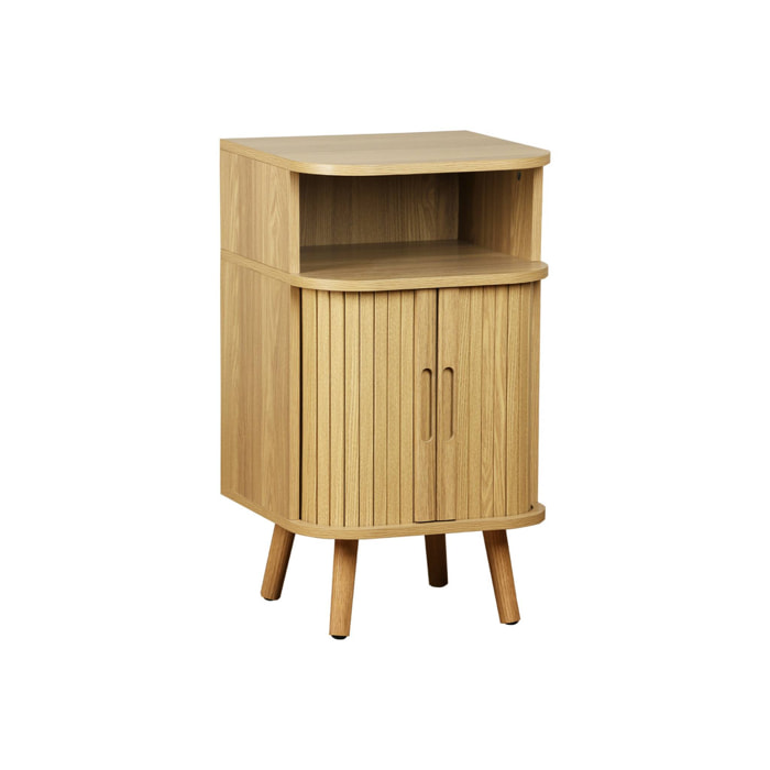 Table de chevet 2 portes coulissantes + 1 niche effet bois rainuré. L 40 x P 40 x H 70cm