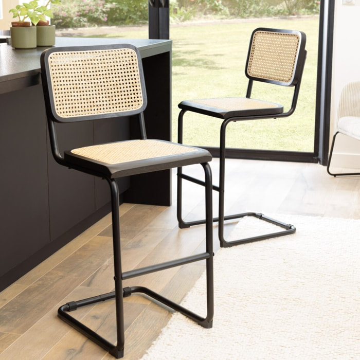 PIERRE - Lot de 2 tabourets d'ilot bois noir/rotin naturel pieds métal