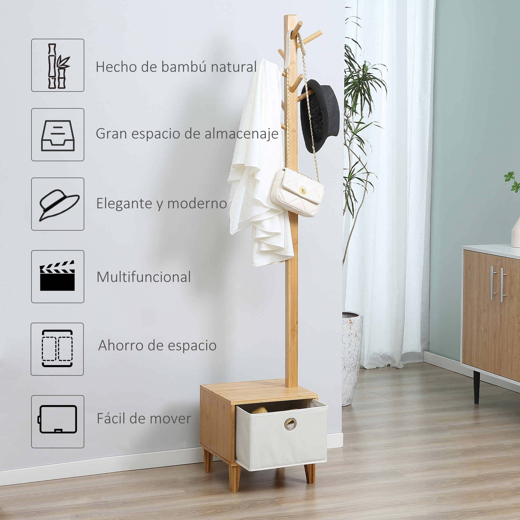 Perchero de Pie de Bambú Tipo árbol con Banco Cajón de Tela y 8 Ganchos para Colgar Ropa Bolsas Bombreros para Entrada Salón Pasillo 35x35x177 cm Natural