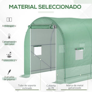 Invernadero de Túnel 500x200x205 cm Invernadero de Jardín con Puerta Enrollable y 8 Ventanas Cubierta PE 140 g/m² Marco de Metal para Cultivo Plantas Verduras Verde