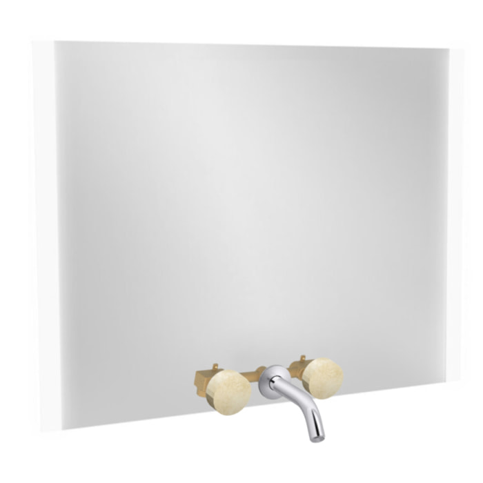 Miroir 3 trous 120 cm + mélangeur lavabo encastré 3 trous Grands Boulevards marbré travertin sable et chromé