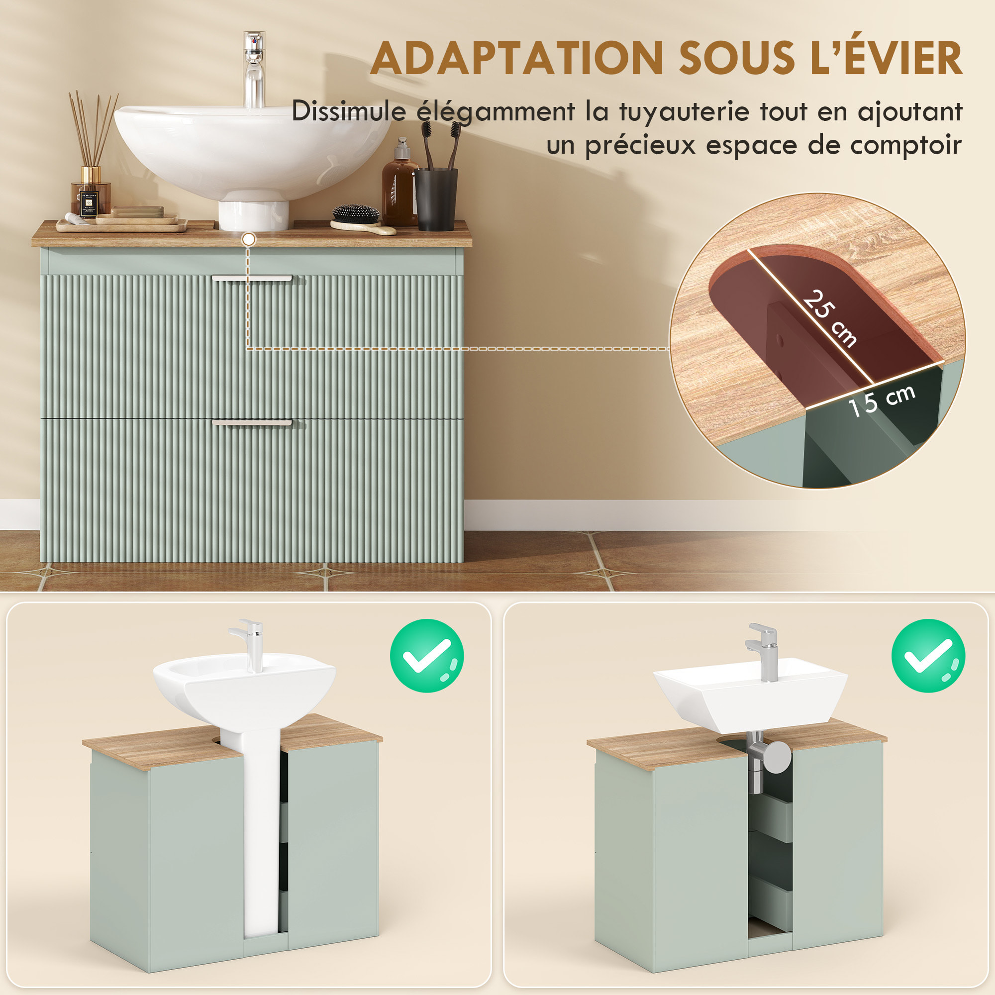 Meuble sous vasque design 2 tiroirs vert de gris effet bois naturel