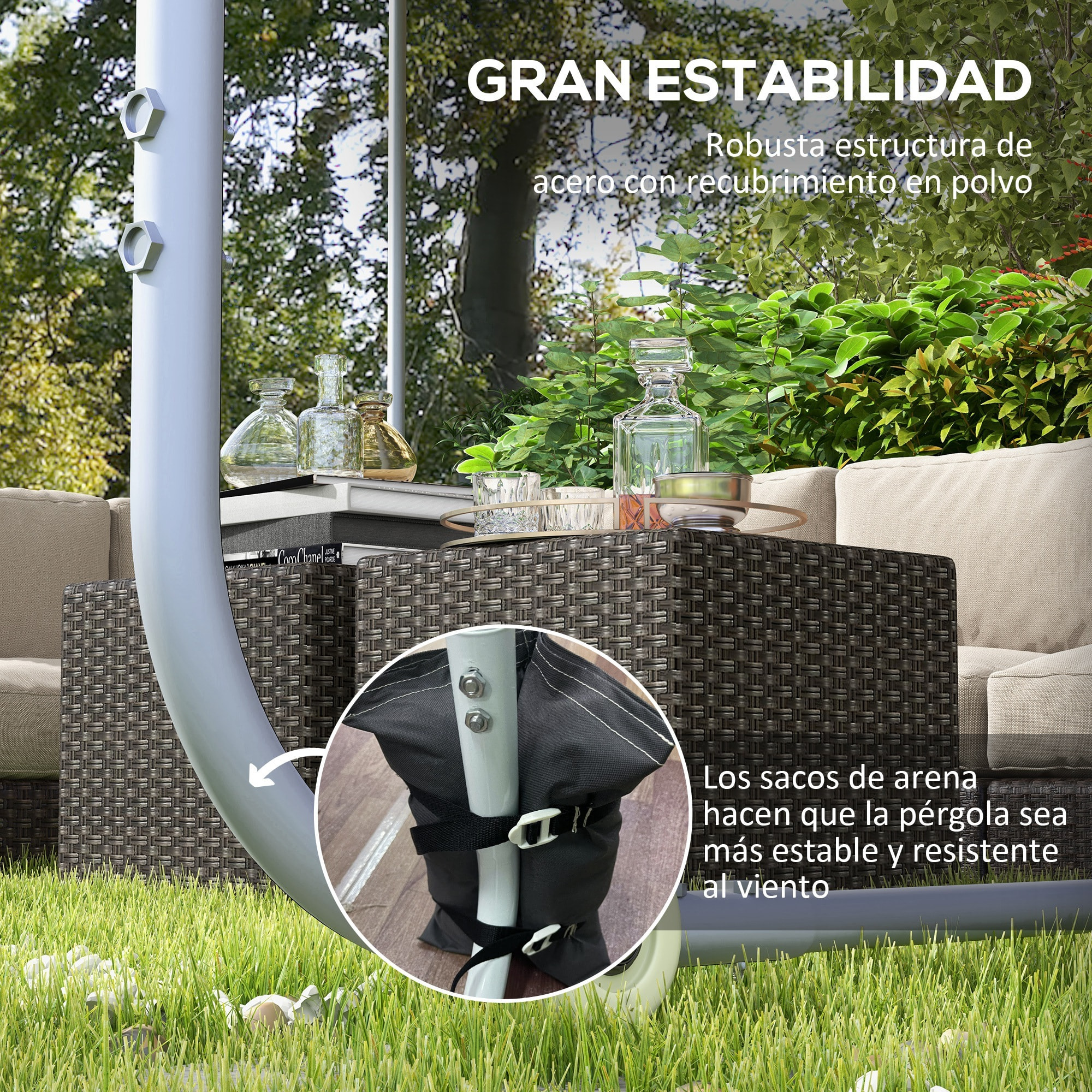 Pérgola 3x3 m Cenador de Jardín con Ruedas Protección UV 30+ Impermeable Sacos de Arena y Marco de Acero para Patio Terraza Balcón Gris Oscuro