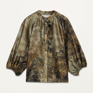 Oltre - Blusa de satén estampado con volantes - Verde