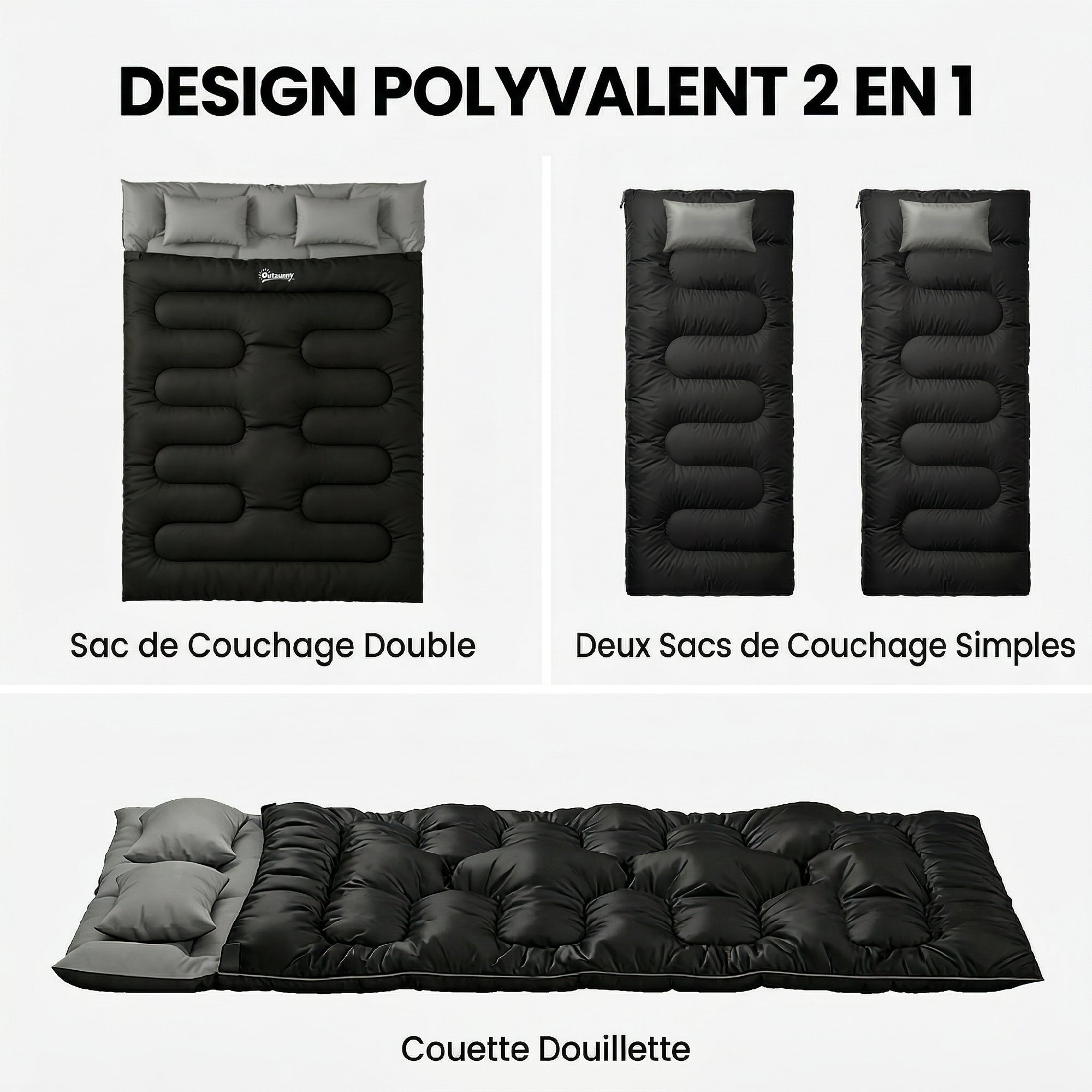 Sac de couchage double ou simple modulable 2 en 1 gris noir