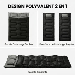Sac de couchage double ou simple modulable 2 en 1 gris noir