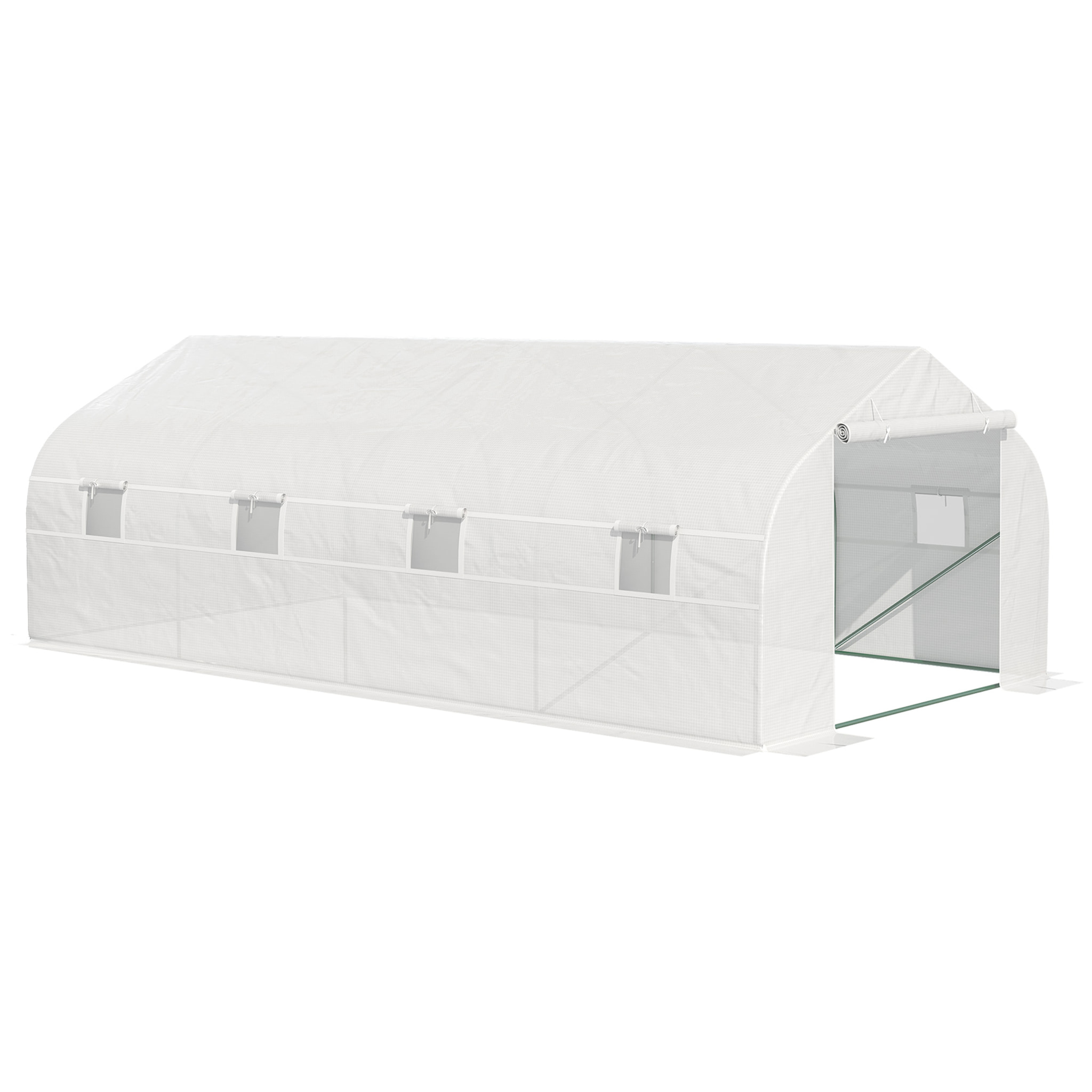 Serre tunnel de jardin dim. 5,93L x 3l x 2H m porte + 8 fenêtres enroulables acier galvanisé bâche PE haute densité blanc