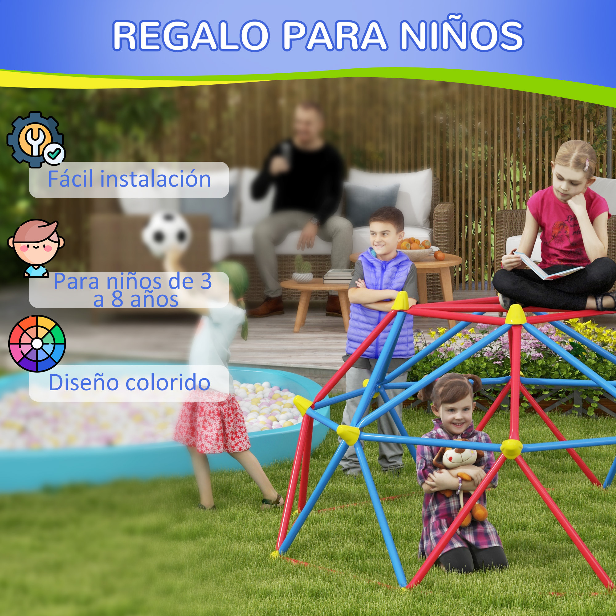 Cúpula de Escalada Juego de Cúpula Geométrica Parque Infantil para 3-8 Años con Marco de Metálico Anti-UV Carga 180 kg para Patio Jardín Ø183x90 cm Rojo y Azul