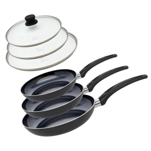 Set de 3 Poêles 24, 28 et 32 cm céramique sans PFAS et 3 couvercles en verre Elo Prima Cucina