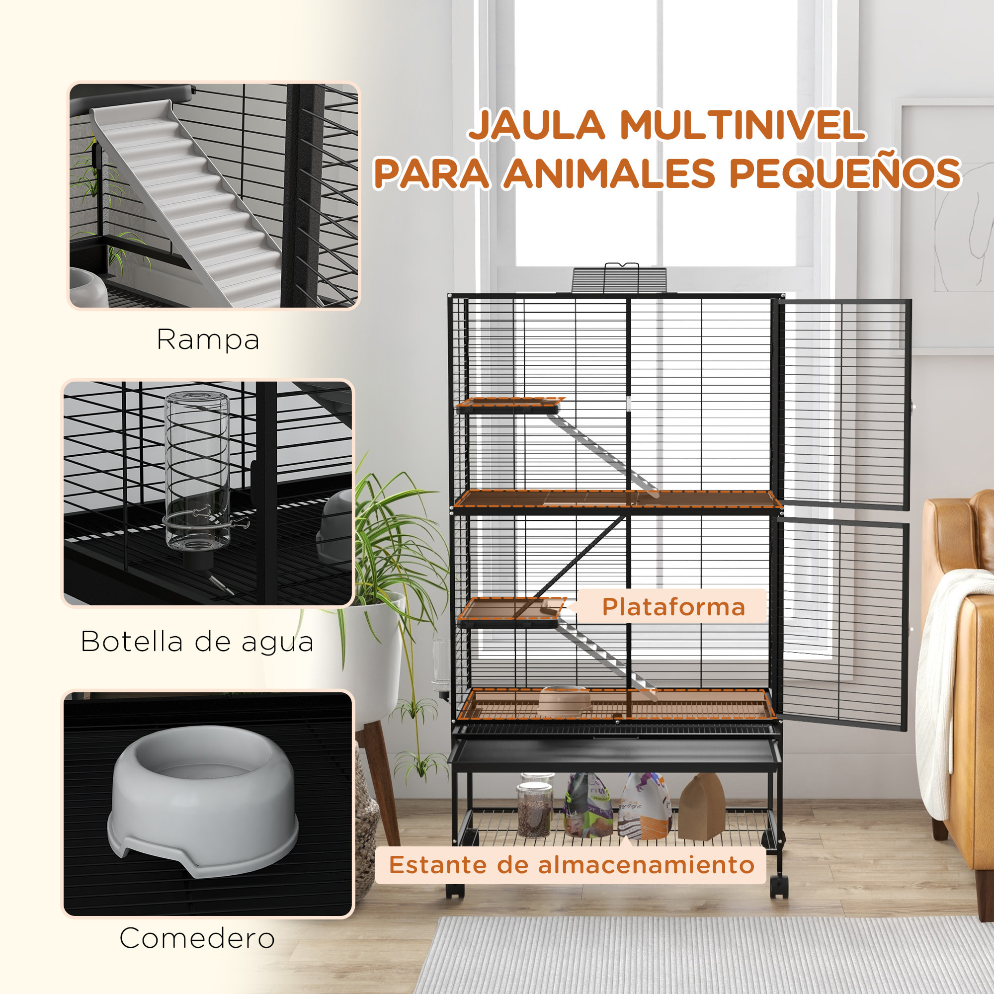 Jaula para Animales Pequeños de 4 Niveles Parque para Mascotas con Ruedas Rampa Cuenco Botella de Agua y Bandeja Extraíble Recinto para Conejos Chinchillas Hurones 78x45,5x136 cm Negro