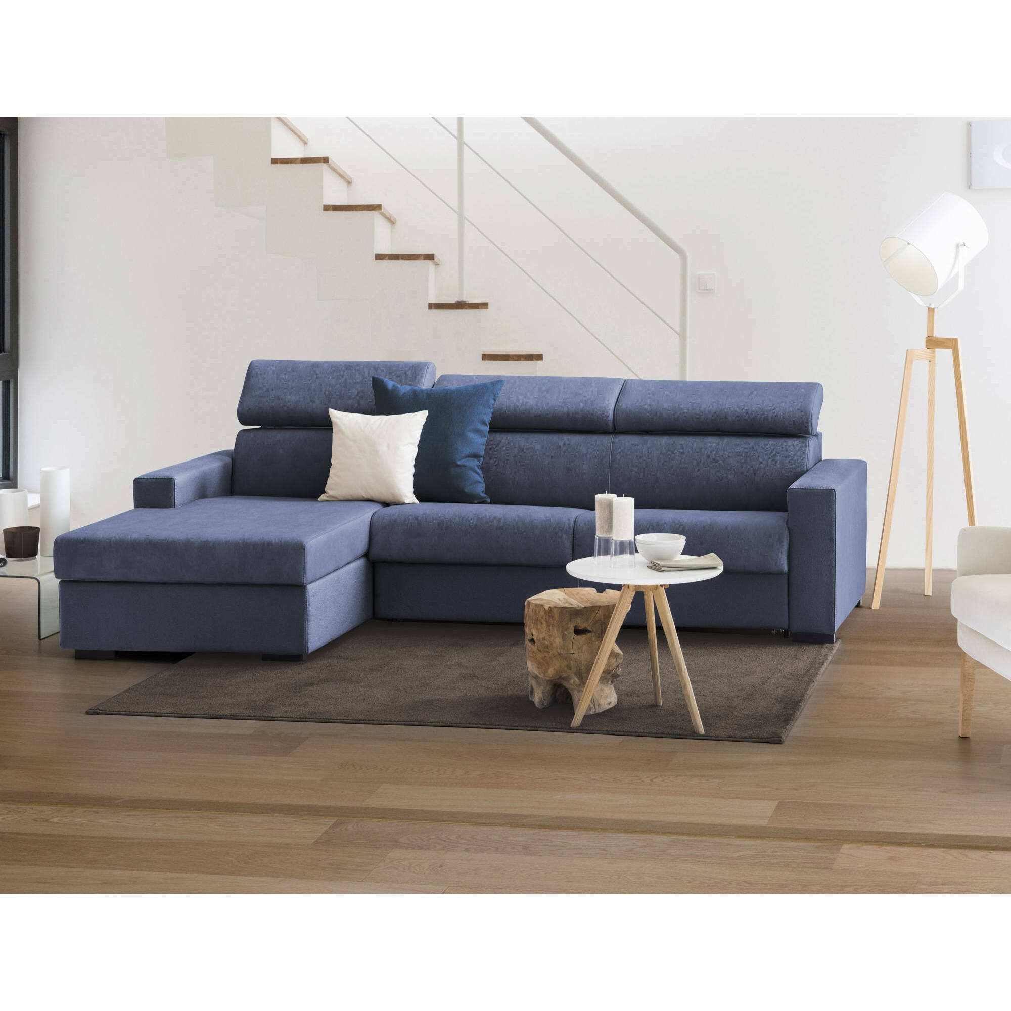 Divano fisso Viviana, Divano ad angolo, 100% Made in Italy, Sofà Soggiorno con chaise longue, in tessuto imbottito - Penisola contenitore Sinistra, con Braccioli standard, Cm 280x95h85, Blu