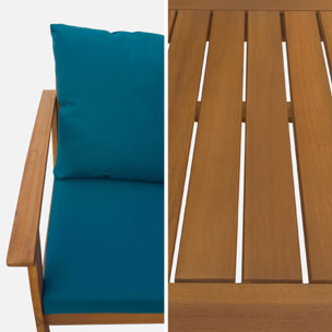 Salon de jardin en bois 4 places - Ushuaïa - Coussins bleu canard. canapé. fauteuils et table basse en acacia. design