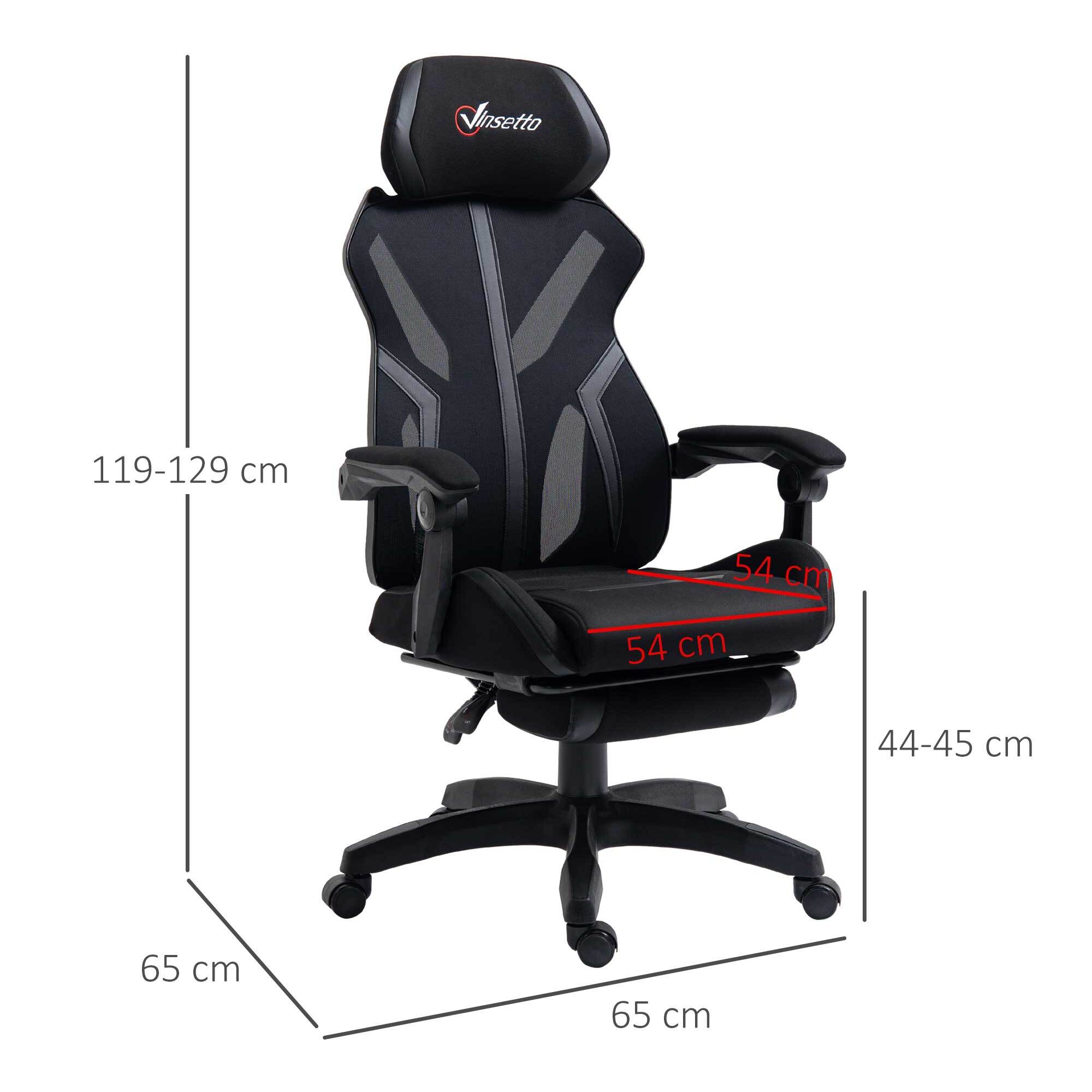 Vinsetto Silla Gaming con Reposapiés Retráctil Silla de Oficina Giratoria Reclinable con Reposacabezas y Altura Ajustable 65x65x119-129 cm Negro