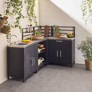 Cuisine extérieure avec 4 modules en acier. meuble avec évier. étagères. tiroirs. rangements