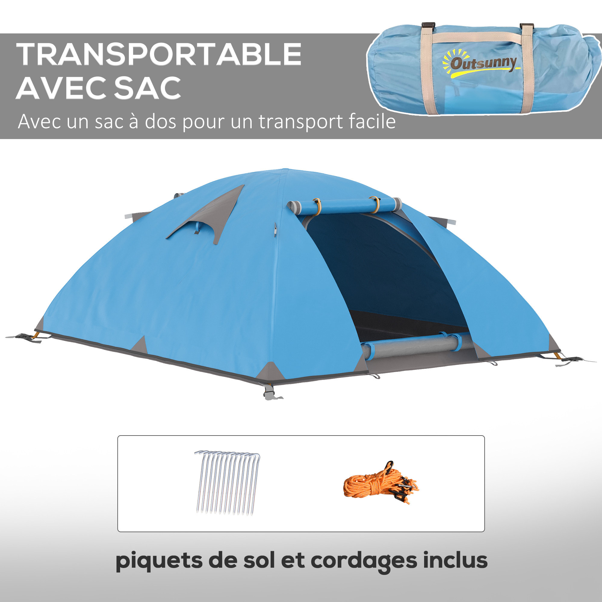 Tente de camping 2-3 personnes dim. 268L x 214l x 103H cm - 2 portes zippées, tapis sol, sac transport - alu. polyester gris bleu